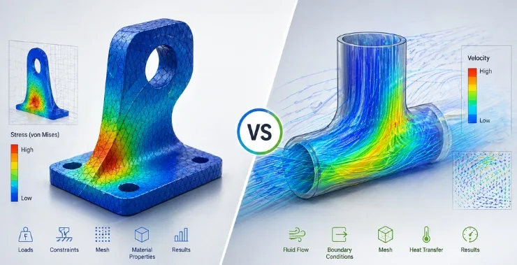 CFD vs FEA comparison showing structural stress analysis and fluid flow simulation in engineering