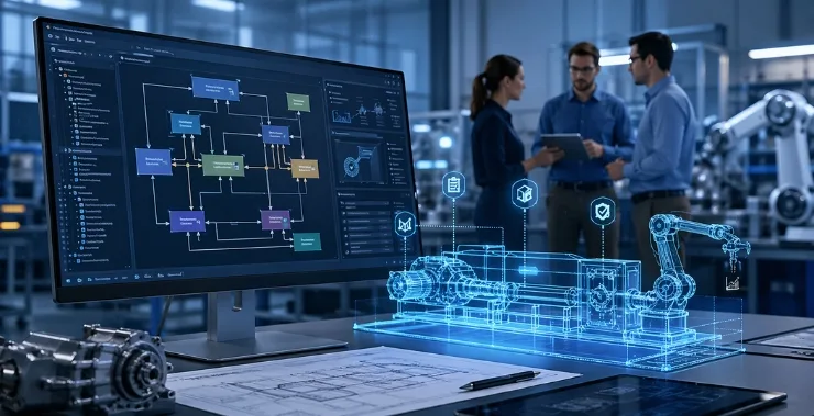 Model-Based Systems Engineering digital model interface in a modern manufacturing lab with engineers reviewing system architecture