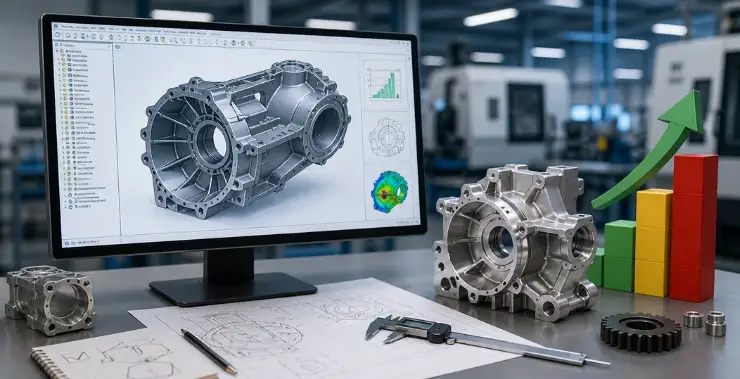 What is design for manufacturability concept shown with CAD model and machined parts in engineering workspace