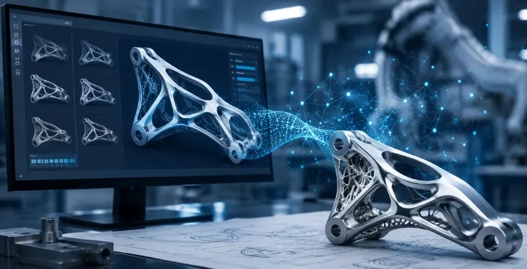What is generative design in mechanical engineering shown through AI-driven CAD modeling and optimized 3D printed component design