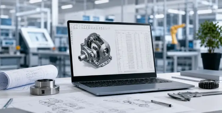 Engineering BOM management workspace showing CAD software, mechanical components, and digital bill of materials data in a modern manufacturing environment.