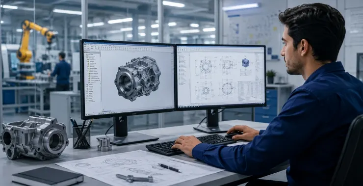 Product design engineer working on CAD models and engineering drawings in a modern industrial design workspace.