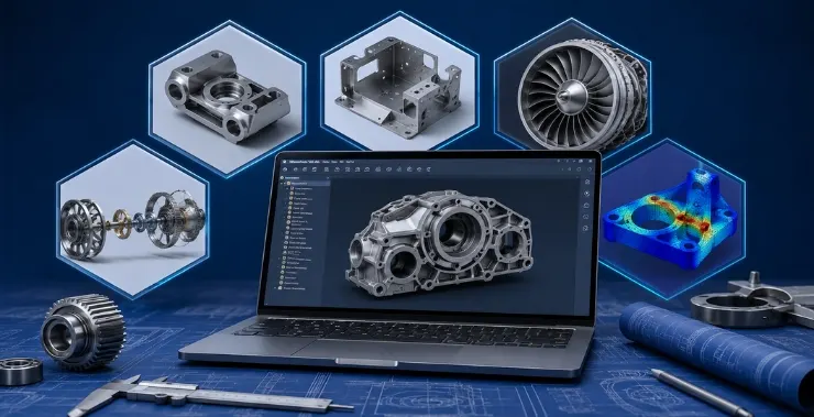 3D CAD software for mechanical engineers showing advanced mechanical design models, simulation analysis, engineering components, and digital product development tools.