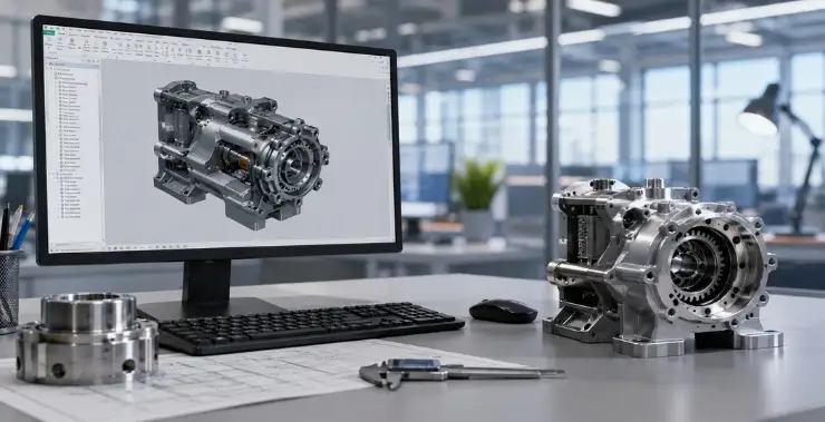 PTC Creo License in India concept showing a mechanical CAD model on a computer screen with industrial components and engineering design tools in a modern workspace.