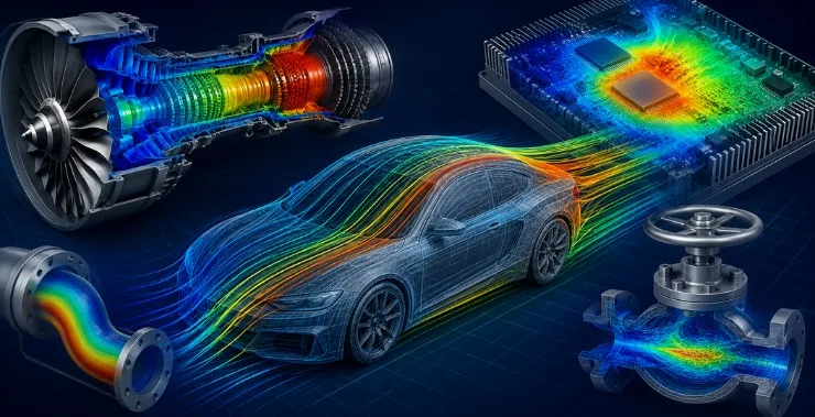 What is CFD Analysis illustration showing computational fluid dynamics simulation on a car, turbine engine, electronics cooling system, and industrial pipe flow